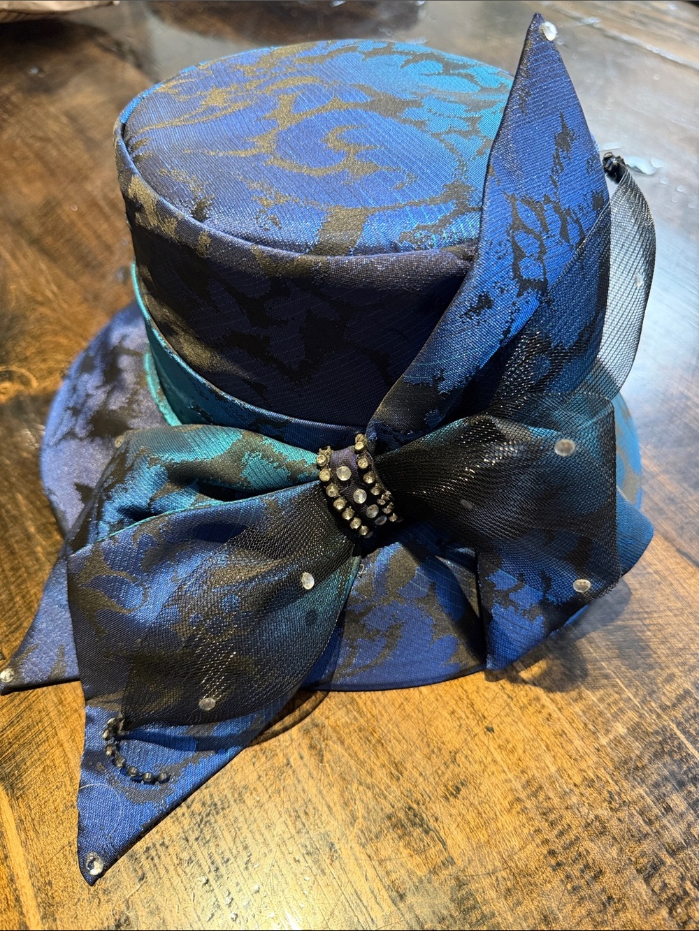 Elegant Blue Brocade Women's Fashion Hat with Bow. Brand Night Studio New York